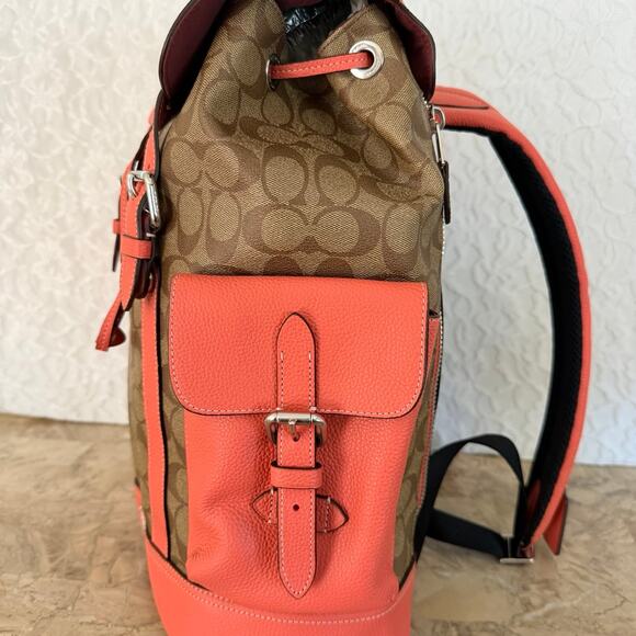 Coach Hudson Logo Print Backpack Brown Coral Buckle Drawstring Adjustable Straps